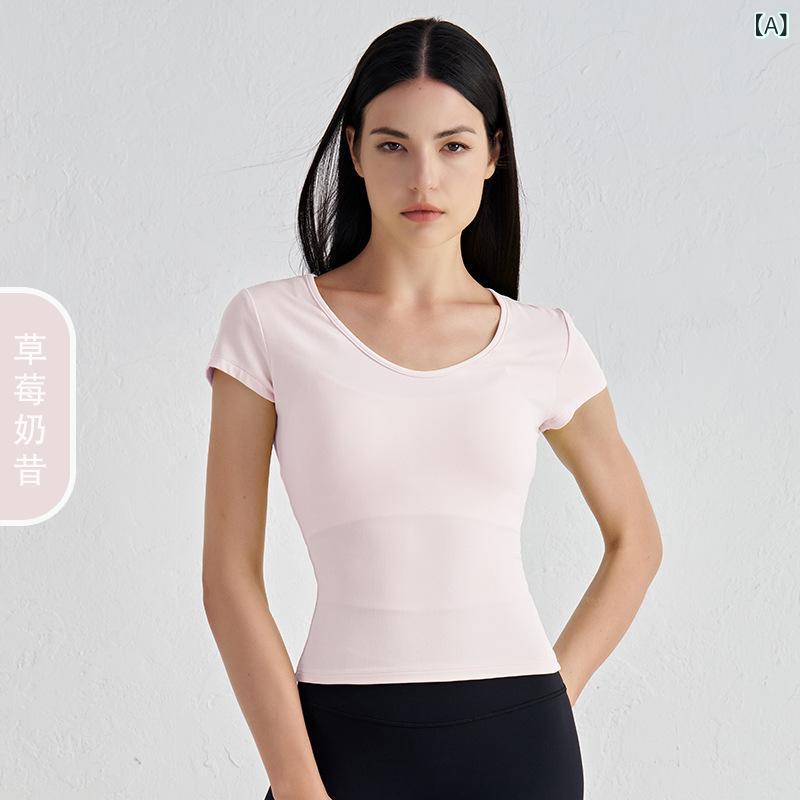 Tシャツ レディース ヨガウェア スポーツウェア 半袖 トレーニングウェア 接触冷感 吸湿速乾 大Uネック ラウンドネック スリム ショート丈 へそ出し 無地 草莓奶昔 白 水洗黄 麻灰色 黒 風車ブルー 棱镜粉 灰薄荷 蒸馏コーヒー 石墨灰 再生繊維
