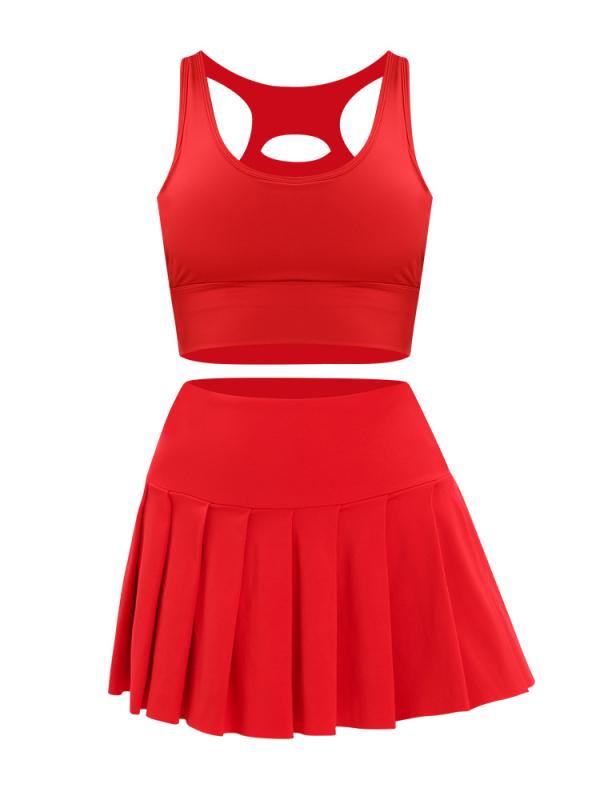 ヨガウェア レディース セットアップ スポーツウェア 春夏 吸湿速乾 ノースリーブ タンクトップ テニススカート 上下セット ランニング 運動着 フィットネス 大 লাল 黒色