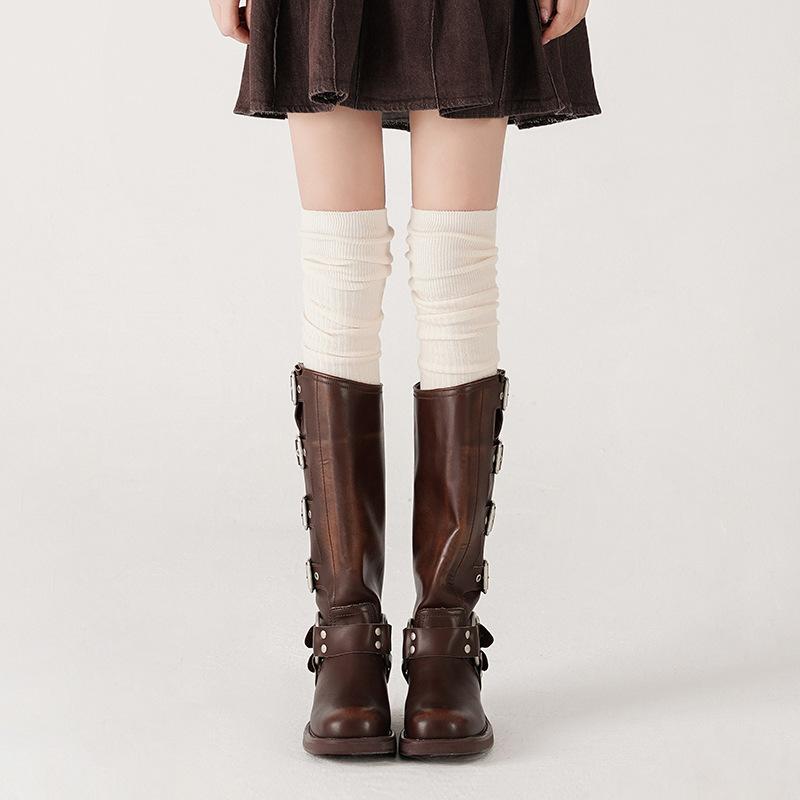 靴下 レディース 高筒 ウール混 大腿 ニーハイソックス ミルクホワイト オフホワイト ベージュ グレー ..