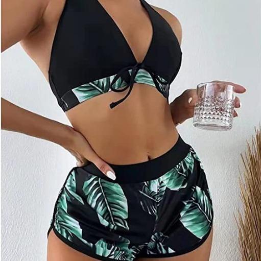 水着 レディース ビキニ セパレート 体型カバー リーフ柄 2点セット 競泳用 練習用 ポリエステル スイムウェア ビーチ リゾート 海水浴 プール