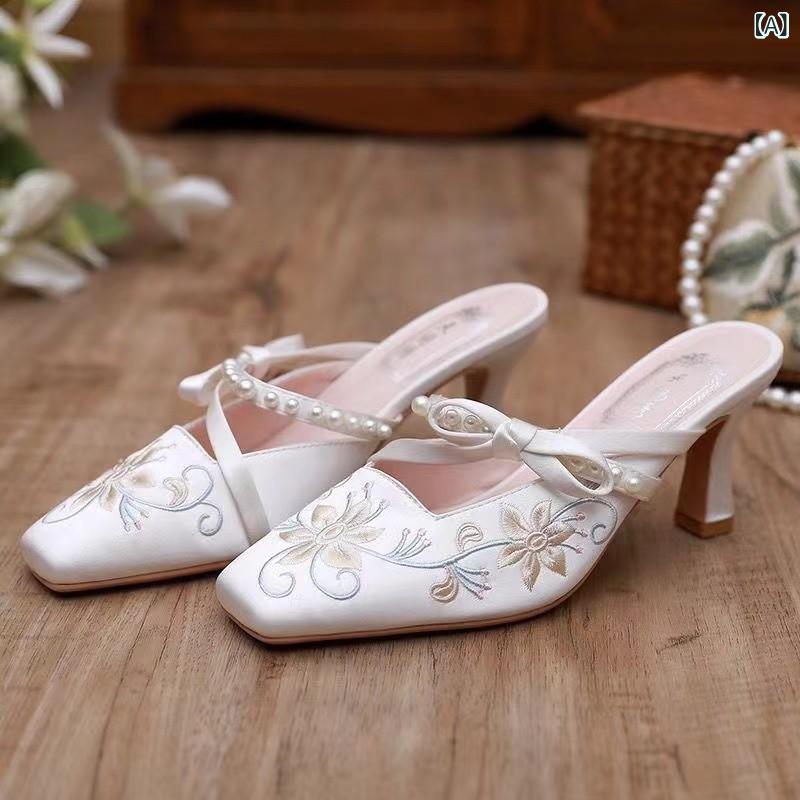 サンダル レディース 細ヒール ミュール スリッパ 刺繡 シルク サテン 高級感 エレガント 白 ホワイト ..