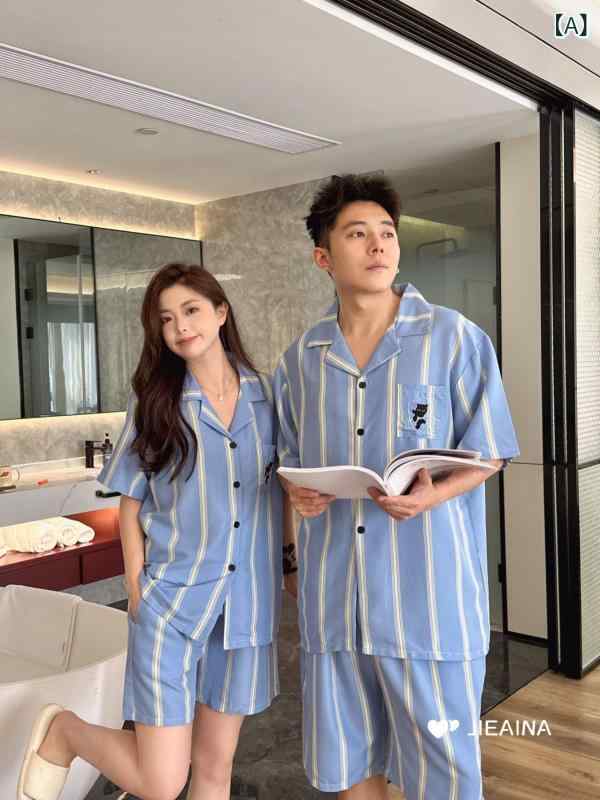 パジャマ レディース メンズ 親子 半袖 短パン 上下セット ルームウェア 寝巻き 接触冷感 部屋着 ストライプ ヒョウ柄 刺繡 ポリエステル 薄手 涼しい 快適 リラックス サマー