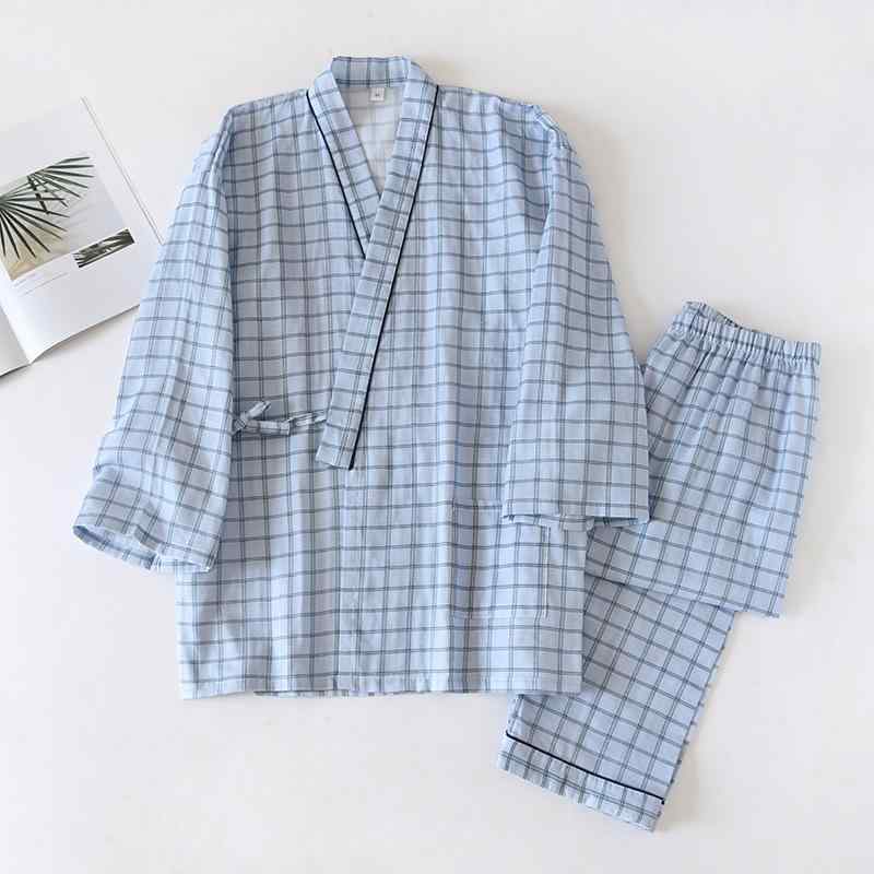 パジャマ メンズ 男性用 長袖コットン 寝巻き 上下セット ルームウェア 和風 甚平 浴衣 部屋着 通気性 保温性 格子柄 春秋2