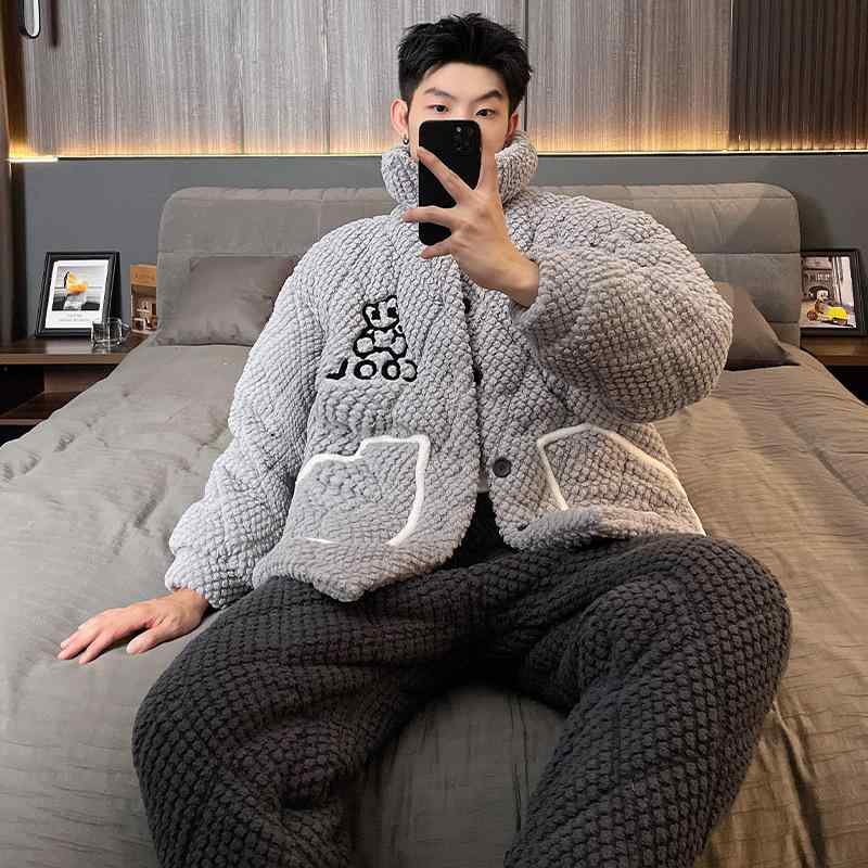 パジャマ メンズ 冬用 厚手 あったか 上下セット 珊瑚マイヤーフラリース 裏起毛 3層構造 襟付き 長袖 長ズボン 部屋着 ルームウェア 寝巻き 防寒 冷え対策 暖か 快適 贈り物