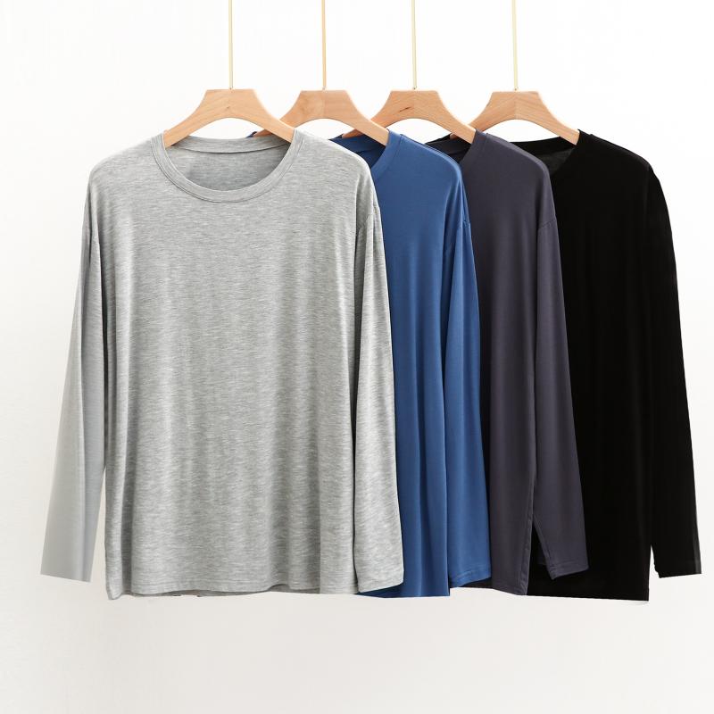 パジャマ メンズ 男性用 Tシャツ モダール カットソー 長袖 薄手 春秋用 トップス インナー 部屋着 ルームウェア 寝巻き 丸首 ストレッチ 伸縮性 通気性 涼しい 快適 黒 ブラック グレー ネイビー