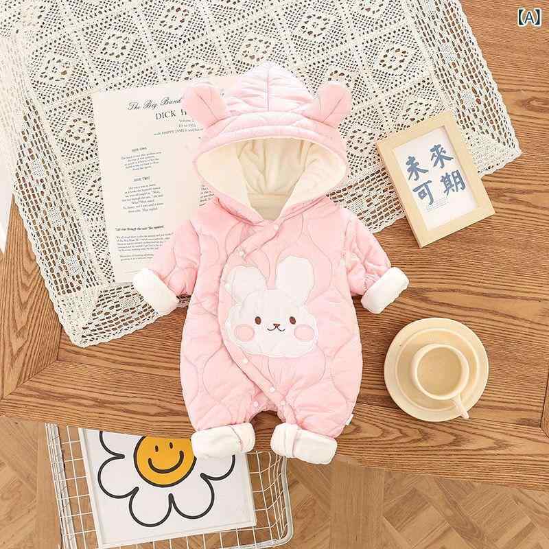 ベビー服 冬用ロンパース 女の赤ちゃん 防寒着 うさぎ耳付き 帽子付き ジャンプスーツ 裏起毛 厚手 ポリエステル 新生児 普段使い