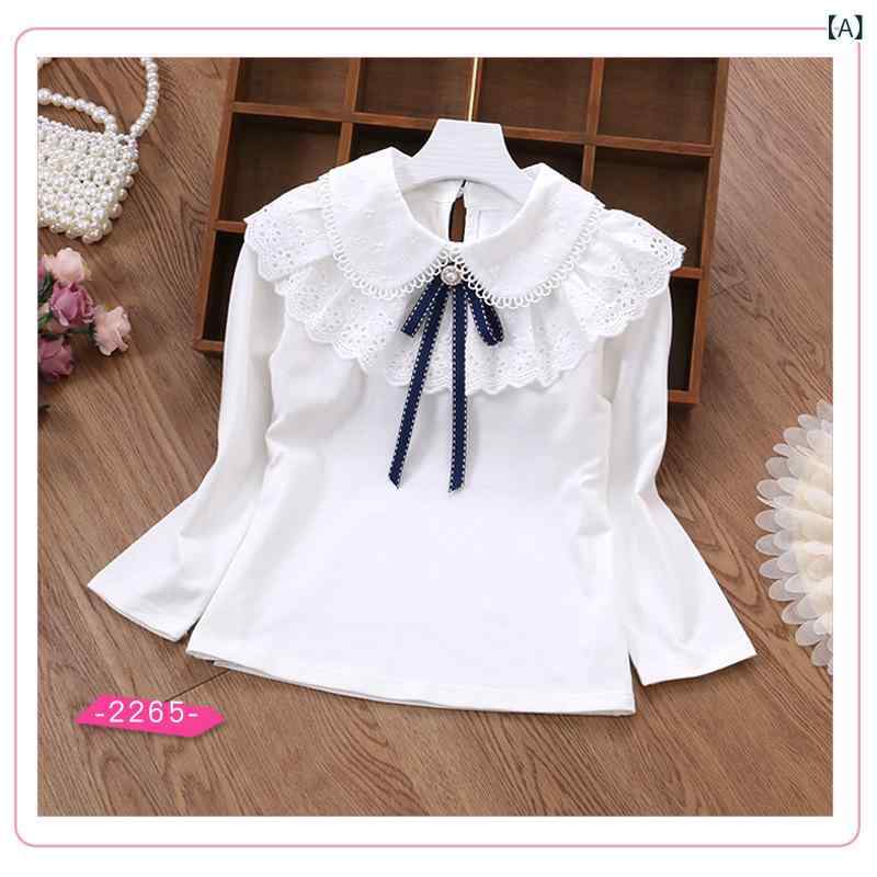 子供服 カットソー ガールズ Tシャツ 長袖 レース フリル 襟付き シャツ 春秋 トップス 女の子 キッズ ベビー 白 コットン かわいい 普段着2