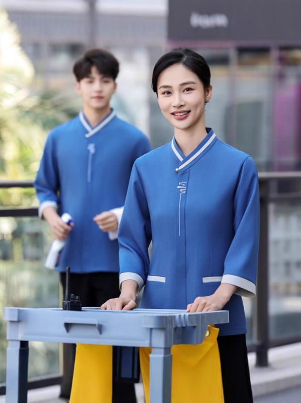 作業着 レディース 清掃員 ユニフォーム 半袖 長袖 男女兼用 吸湿速乾 夏 立襟 ブルー グレー パンツ 綿 ポリエステル 客室 ホテル