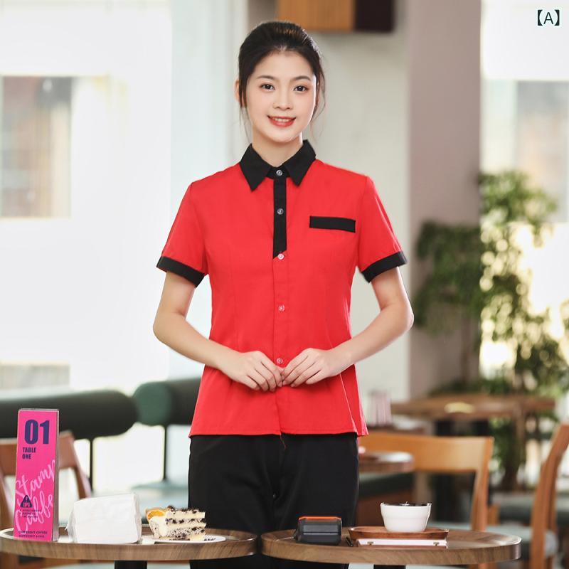 シャツ 男女兼用 飲食店ユニフォーム 吸湿速乾 ポリエステル 綿 黒 赤 半袖 トップス レストラン カフェ 喫茶店 厨房 ホール スタッフ ..
