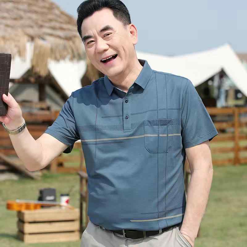 樂天商城 - Tシャツ 男性用 半袖 襟付き シルケットコットン ストライプ柄 トップス 紳士服 リラックス ルームウェア