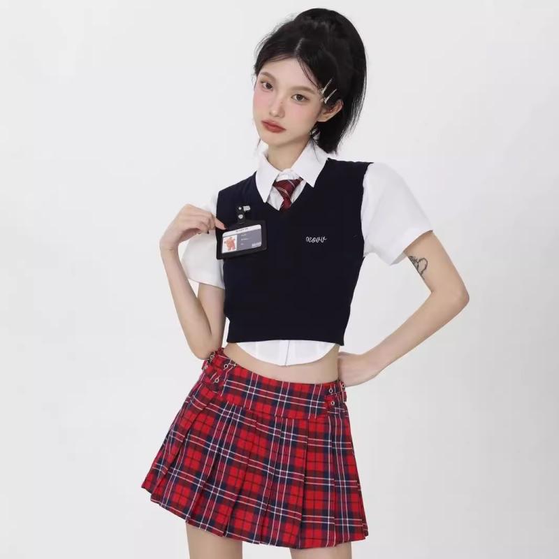 セットアップ 制服 レディース 半袖シャツ プリーツスカート ベスト 4点セット 女子高生 JK制服 学院風 清楚 かわいい 格子柄 ミニスカート トップス XS S M L XL XXL