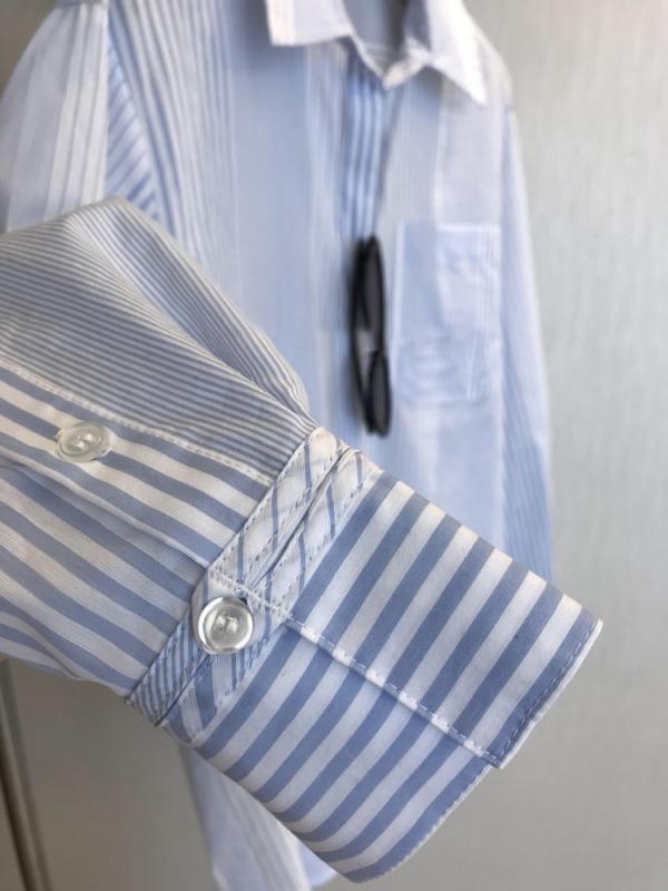 シャツ レディース 長袖 ストライプ柄 コットン混紡 襟付き トップス ブルー ポケット付き カジュアル 韓国 リラックス ゆったり