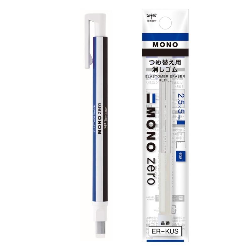 トンボ鉛筆 ペン型 消しゴム MONO モノ ゼロ 角型 (2.5×5mmでピンポイント消し) 本体1本+替え1パック(2本入) ノック式 ホルダー消しゴム JCB-233AZ【セット内容】モノゼロ本体＋つめ替え消しゴム（2本パック）付き【仕様】角型：2.5×5mm／ノック式消しゴム【ショートピッチノック機構】微調整可能で折れにくく、消しやすい（1ノックの消しゴム繰り出し量はわずか0.7mm）【金属ロングガイドパイプ】視界を妨げず消したいところをピンポイントで消せる【モノゼロ本体サイズ】幅13×全長120mm／重量7g