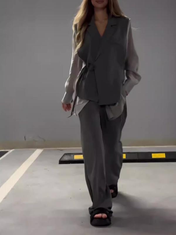 セットアップ レディース 春夏 シフォン 切り替え 不規則 長袖 トップス ストレートパンツ 通勤 オフィス カジュアル エレガント きれ..