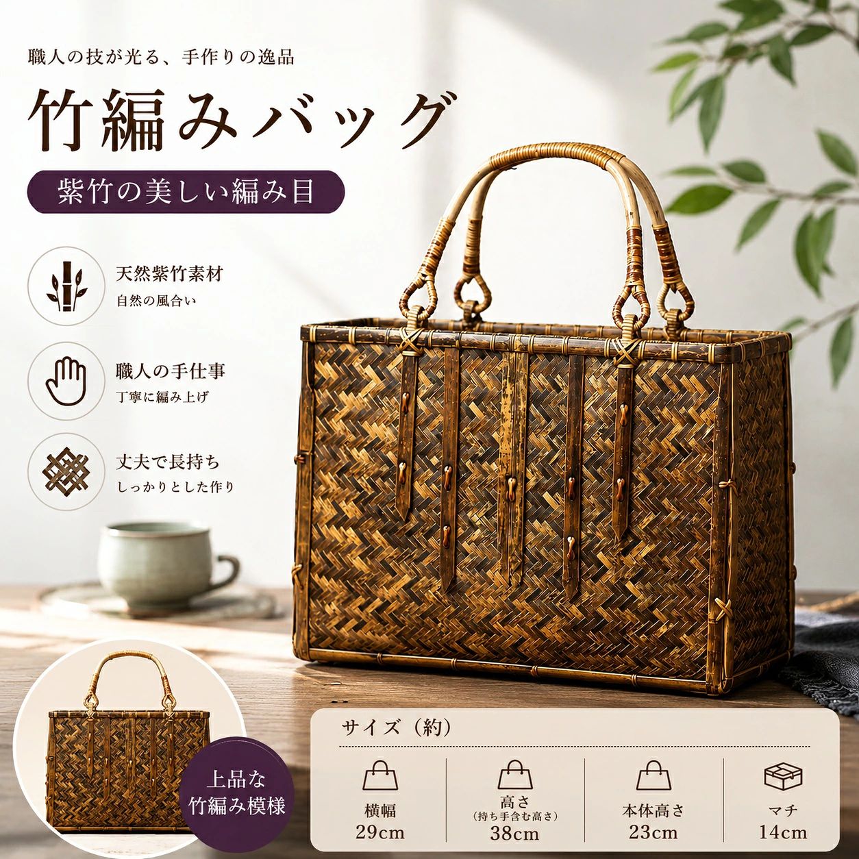 竹籠かごバッグ紫竹籠工芸品手編みバ...