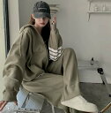 2色 セットアップ スウェット パンツ ジャージ 上下セット グリーン アプリコット ライン バイカラー フーディー ドロップショルダー フード付き スポーツウ...