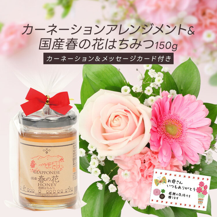 予約販売受付中　★3/1〜3/31 まで早期割引10%OFF 価格　3420円 送料無料【送料無料 配達地域: 本州限定】母の日ギフト 4種のカラーから選べる マグカップ入りカーネーションアレンジメント&国産春の花はちみつ150g メッセージカード ご注文受付期間は5月7日12:00まで！