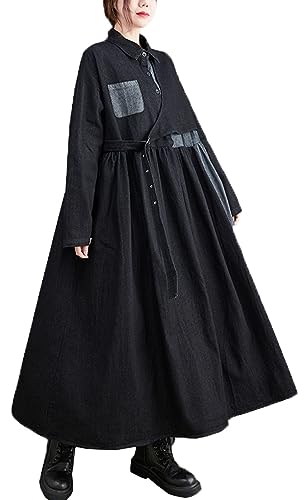 [もうほうきょう] ワンピース レディース マキシワンピース ロングワンピース デニム 長袖 シャツワンピース チュニック パッチワークワンピース カジュアル ゆったり おしゃれ 体型カバー