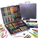 KINSPORY お絵かきセット, 150点アートセット 水彩画 色鉛筆 絵の具 マーカー クレヨン セット、新進アーティスト向けの 学用品 木製ぬりえ画材ケー...