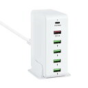 USB 充電器 合計65W PD 急速充電器 6ポート【PD20W&QC3.0/6台同時充電/1.2Mケーブル&スタンド付】USB-C*1&USB-A*5 携帯電話 充電器 acアダプター ハブ 電源タップ 軽量 小型 スマホ充電器(ホワイト)