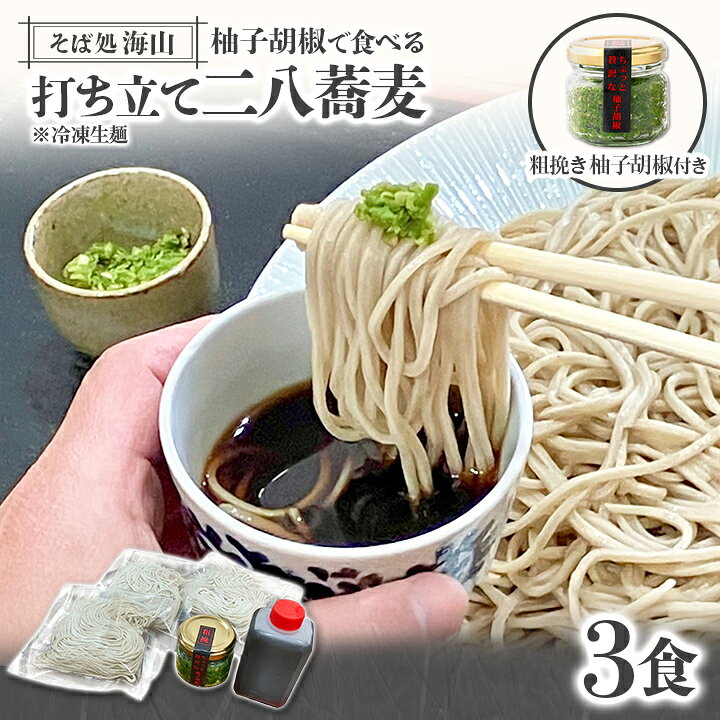 【そば処海山】柚子胡椒で食べる打ち立て二八蕎麦 3食 ※冷凍生麺（そば160g×3・つゆ160cc×1・柚子胡椒6..