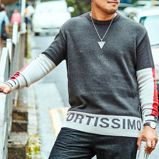 超特価激安 ニットソー メンズ 大きいサイズロングtシャツ ライン バイカラー メッセージプリント セーター メンズ 大きいサイズ ロンt 長袖 Tシャツ B系 ストリート系ファッション ヒップホップ グレー ビッグサイズ ビックサイズ キングサイズ お兄系 ストリート