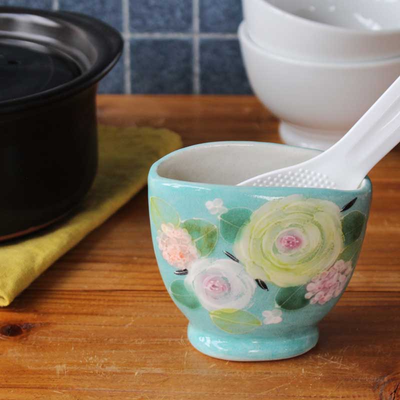 Rakuten - 【緑彩ローズ　しゃもじ立】　瀬戸焼 和食器 食器 陶器 キッチン雑貨 食卓小物 日本製 手描き 花柄 プレゼント 贈り物