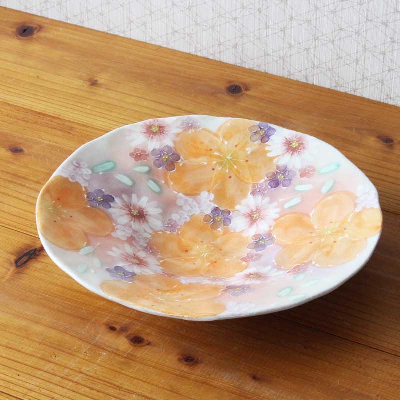 Seto Ware - 【紅彩京花　パスタ皿】瀬戸焼 和食器 食器 プレート パスタ 盛皿 直径24m 手描き 花柄 プレゼント 贈り物