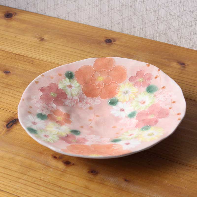 【紅彩花化粧　パスタ皿】瀬戸焼 和食器 食器 プレート パスタ 盛皿 直径24m 手描き 花柄 プレゼント 贈り物