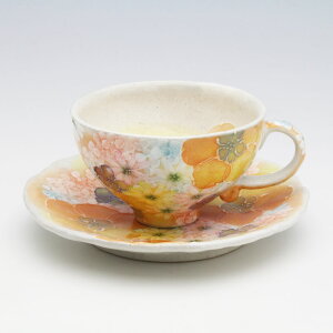 平安京花 コーヒー碗皿【瀬戸焼 和食器 食器 コーヒーカップ 手描き 花柄 プレゼント 贈り物】