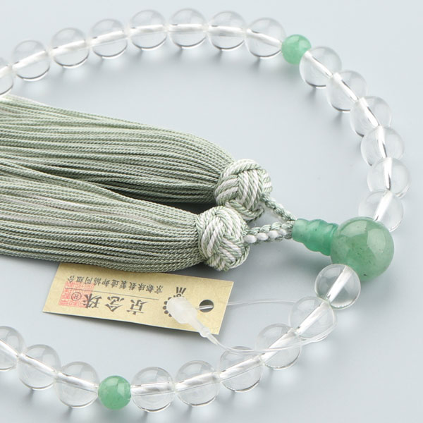 Crystal - 【数珠袋付き】数珠 女性用 約8ミリ 本水晶 印度翡翠 正絹京かがり房【略式数珠 京念珠 京都 アベンチュリン インド翡翠 みやこ房 正絹 国産 葬式 葬儀 法事 法要 宗派共通 贈り物 8mm グリーン マイ数珠 2000200900221】