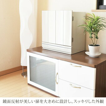 ミニ国産仏壇アクア2ホワイト15号鏡面反射の美しい扉を大きめに設計しスッキリした外観灰香炉ろうろくローソクリン棒りん棒花瓶ご飯花立火消し提灯盆提灯灯籠神棚壁掛け神具おりんセット