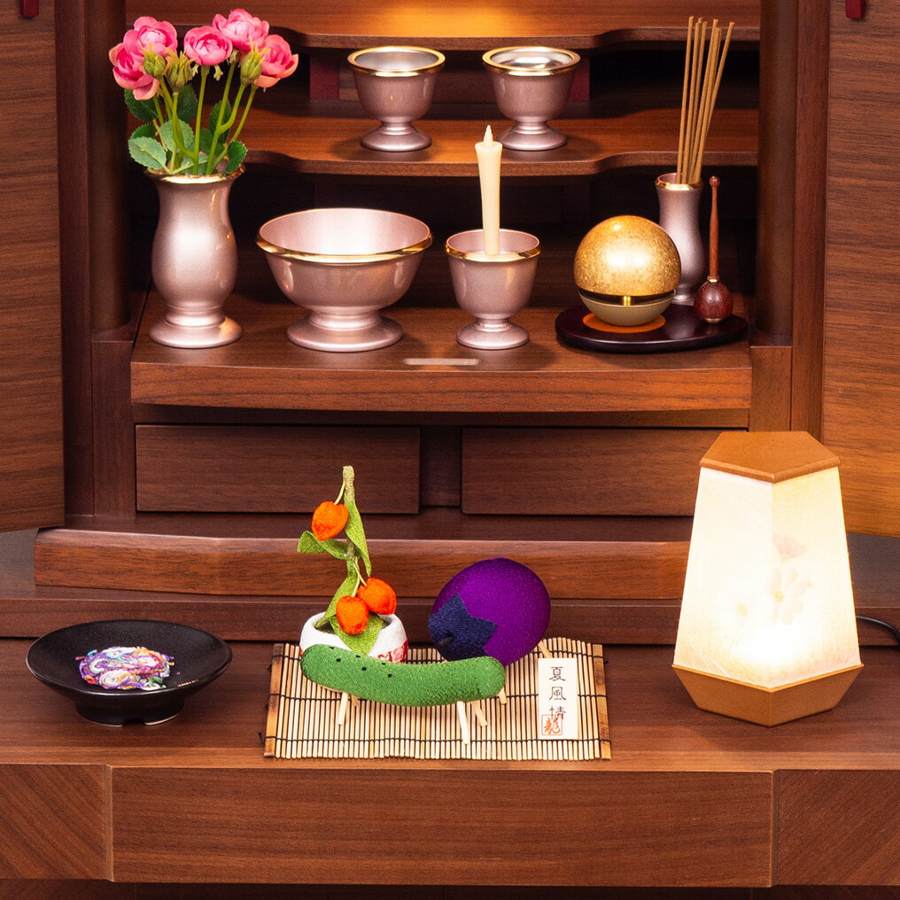 初盆新盆セットMK01A 澪シリーズ コスモス 高さ13cm×幅9.5cm×奥行9.5cm 精霊馬飾りセット:高さ12cm×幅16.5cm×奥行14cm