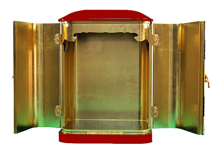 サイズ（約） 戸丈9．0寸： 255×216×162 色 黒塗 材　質 木製・純金箔・金メッキ金具 商品説明 仏像・位牌をお祀りするのに便利！高級な厨子です。
