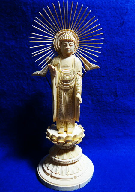 仏像 総ヒノキ 丸台座 東立弥陀 金泥書 4．5寸 【真宗大谷派 東 】