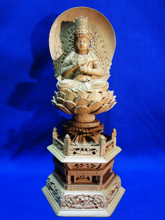 仏像 楠木地彫 六角台座 大日如来 金泥書 3．5寸 木彫 【真言宗】