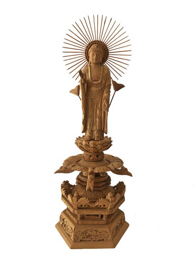 仏像 楠木地彫 六角台座ケマン付 東立弥陀 金泥書 5.0寸 【真宗大谷派 東 】 仏像 楠木地彫 六角台座ケマン付 東立弥陀 金泥書 5.0寸 【真宗大谷派 東 】