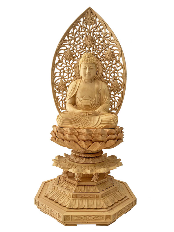 仏像 本柘植 八角台座 座弥陀 唐草光背 1．8寸 木彫 仏具 【天台宗】