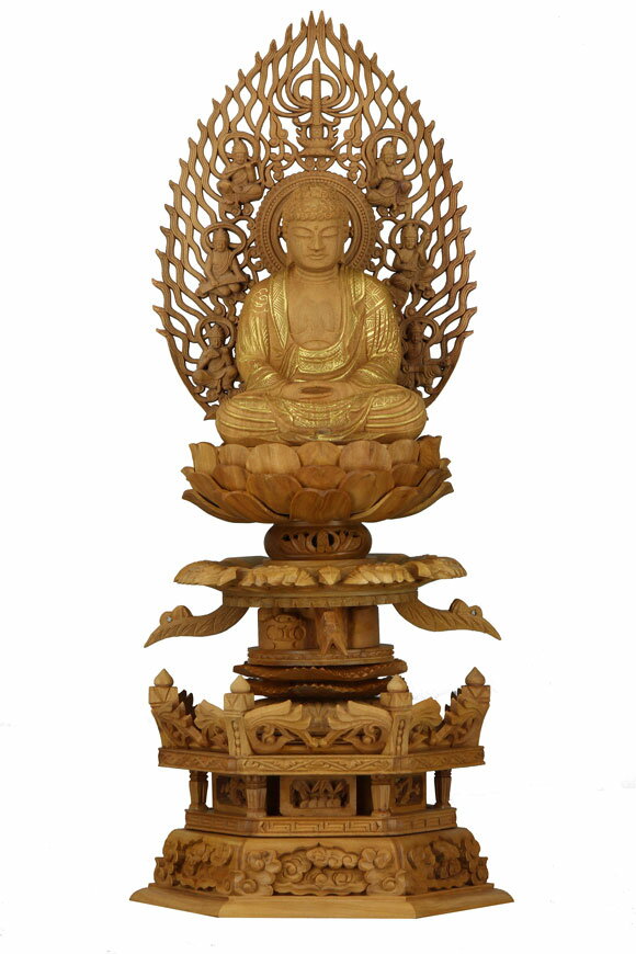 仏像 白檀 六角台座ケマン付 座釈迦 飛天光背 2．0寸 金泥書 仏具【禅宗 曹洞宗 臨済宗】