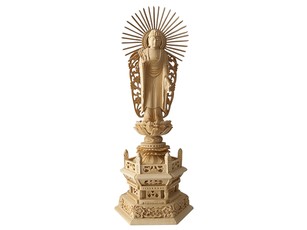 仏像 総ヒノキ 六角台座 西立弥陀 4．5寸 【浄土真宗本願寺派 西】