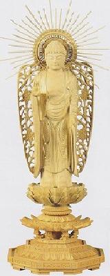 仏像 本柘植 八角台座 西立弥陀 西型唐草光背 4.5寸 【浄土真宗本願寺派 西】 仏像 本柘植 八角台座 西立弥陀 西型唐草光背 4.5寸 【浄土真宗本願寺派 西】