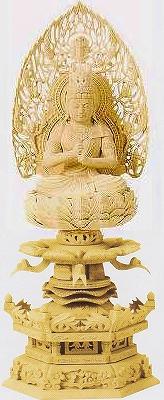 【真言宗】 仏像 木彫 柘植 六角台座ケマン付 大日如来 飛天光背 金泥書 3．0寸 1