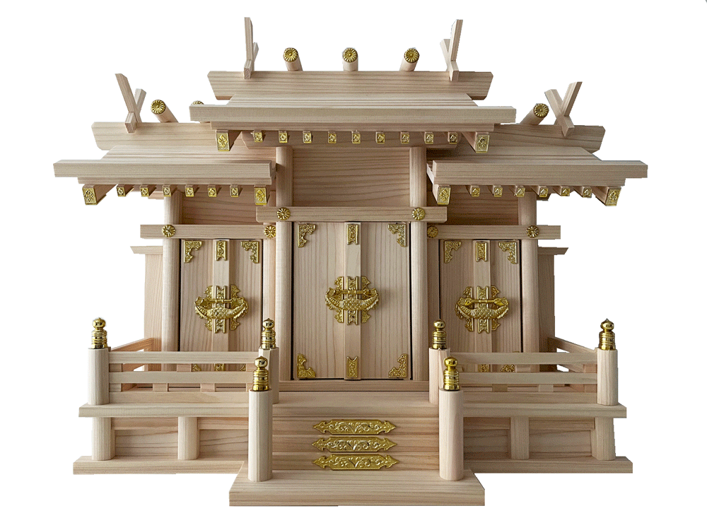 神棚 神棚セット 神具セット 神殿 木 木製 桧 ヒノキ ひのき 屋根違い 三社 小 神棚 + 神具 7点セット + 榊 (造花) 2本 + 神鏡 1個 日本製 神具一式セット 総高40×巾51×奥行22cm