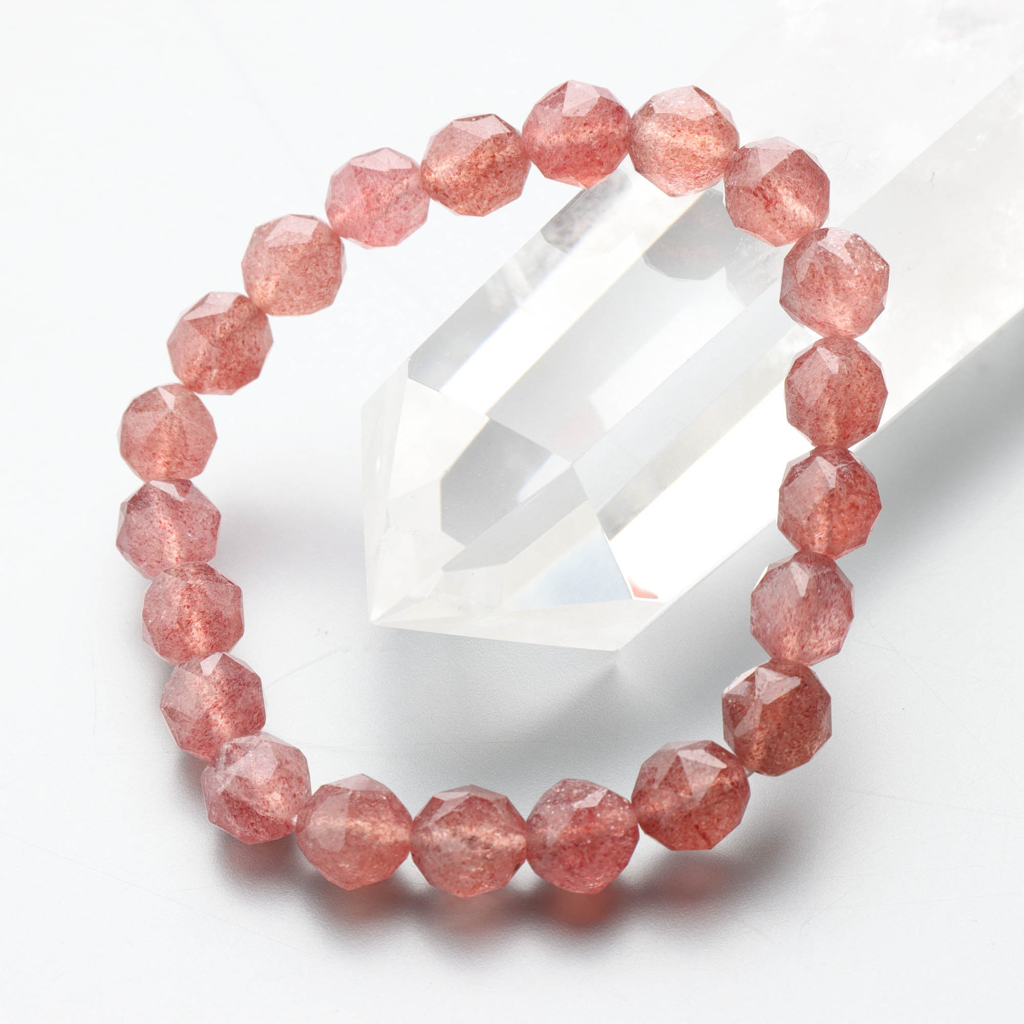 腕輪 ブレスレット (上)ストロベリークォーツ9mm スターカット仕立 桐箱入 レディース パワーストーン 天然石 ストレート かわいい