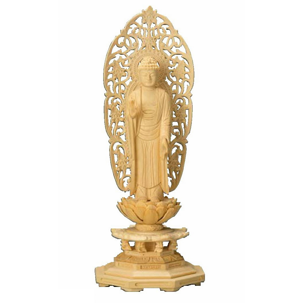 乐天商城 - 仏像 | 白木仏像 阿弥陀如来 立像 浄土宗 本尊 桧木 八角台座 3.0号 舟立弥陀 舟型唐草光背 D29 | 高195×幅80×奥行70mm