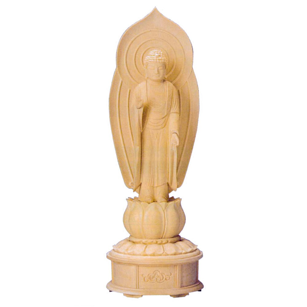 乐天商城 - 仏像 | 白木仏像 阿弥陀如来 立像 浄土宗 本尊用 桧木 蓮華台座 増台付 舟立弥陀 4.5号 D29 | 高285（240）×幅100×奥行90mm ※（）内は増台を差し引いた場合の総高さです。