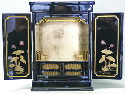【上置仏壇】金蓮華14号『戸裏蒔絵入』塗豆仏壇二枚戸