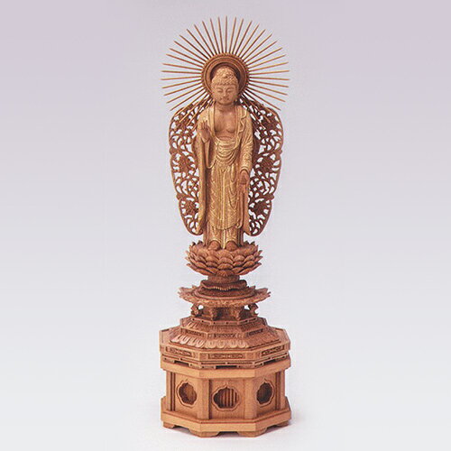 仏像　総白檀　新八角台上彫　金レイ付　寸法は増台を含んだ高さです。　西弥陀5.0号　高385×巾121×奥行98mm　増台5.0　高60