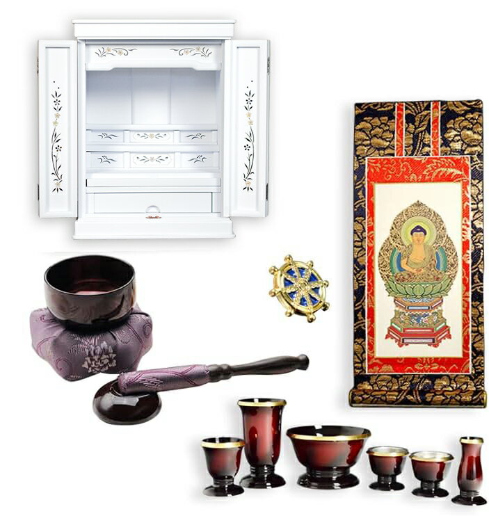 ホワイト モダン仏壇【伝統型仏壇：天然貝・螺鈿細工 和モダン・花夕（はなゆう）+仏具一式付】本尊掛軸 仏具 おりん 小型仏壇 家具調仏壇 送料無料【smtb-td】【RCP】