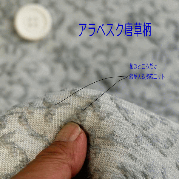 マラソンポイント10倍　ニット生地　 接結ニット　キルト　アラベスク　花柄　唐草グレー杢　花のところだけ綿いり　170cm幅50cm単位 はかり売り　手芸　カットソー